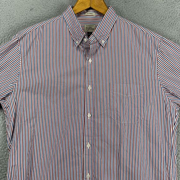 J Crew Button Down Shirt Adult Large Blue Red Striped Classic Long Sleeve Mens